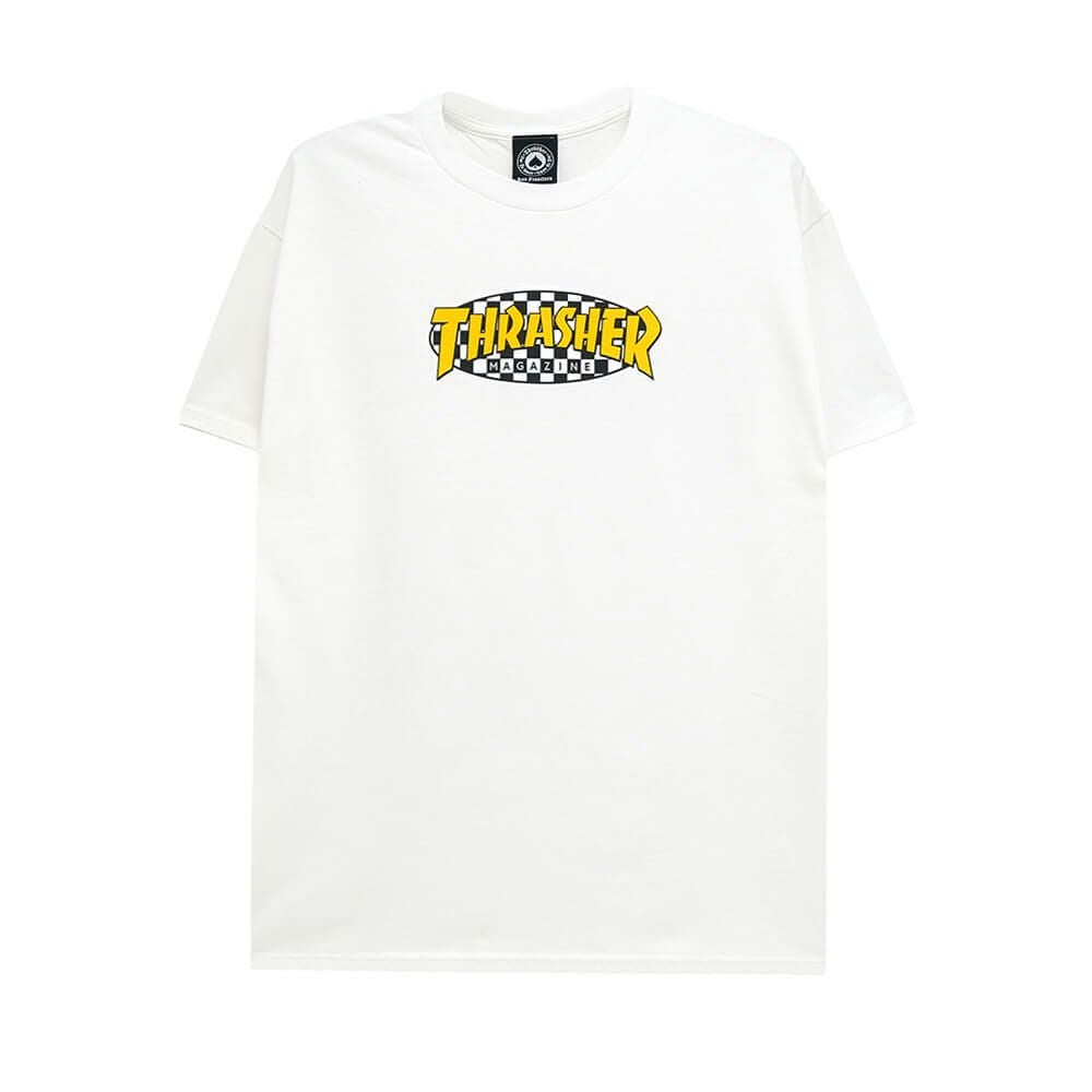 THRASHER T-SHIRT スラッシャー Tシャツ CHECKERED OVAL WHITE（US企画） スケートボード スケボー 