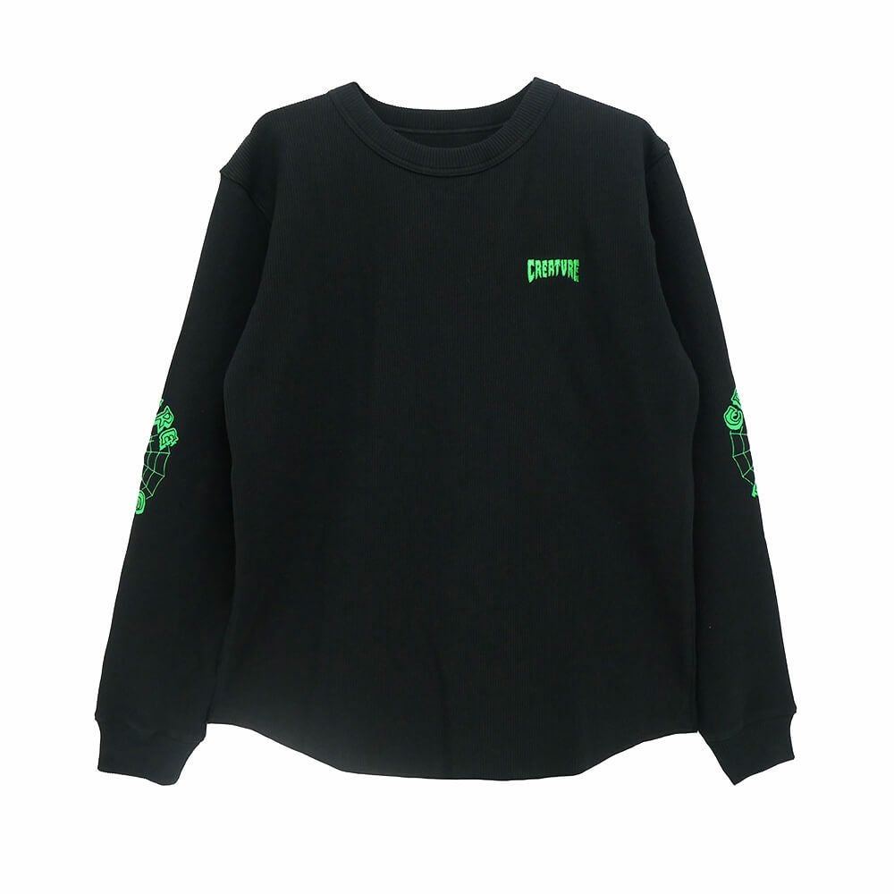 CREATURE LONG SLEEVE クリーチャー ロングスリーブTシャツ WEB THERMAL TOP BLACK/GREEN スケートボード スケボー 