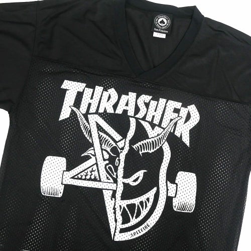THRASHER SHORT SLEEVE SHIRTS スラッシャー 半袖シャツ THRASHER x SPITFIRE THRASH & BURN FOOTBALL JERSEY BLACK スケートボード スケボー 1