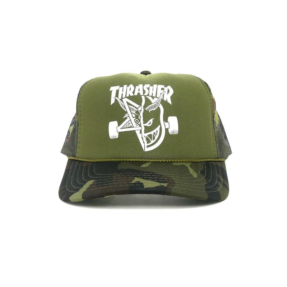 THRASHER MESHCAP スラッシャー メッシュキャップ THRASHER x SPITFIRE THRASH & BURN TRUCKER CAMO ARMY（US企画） スケートボード スケボー 1
