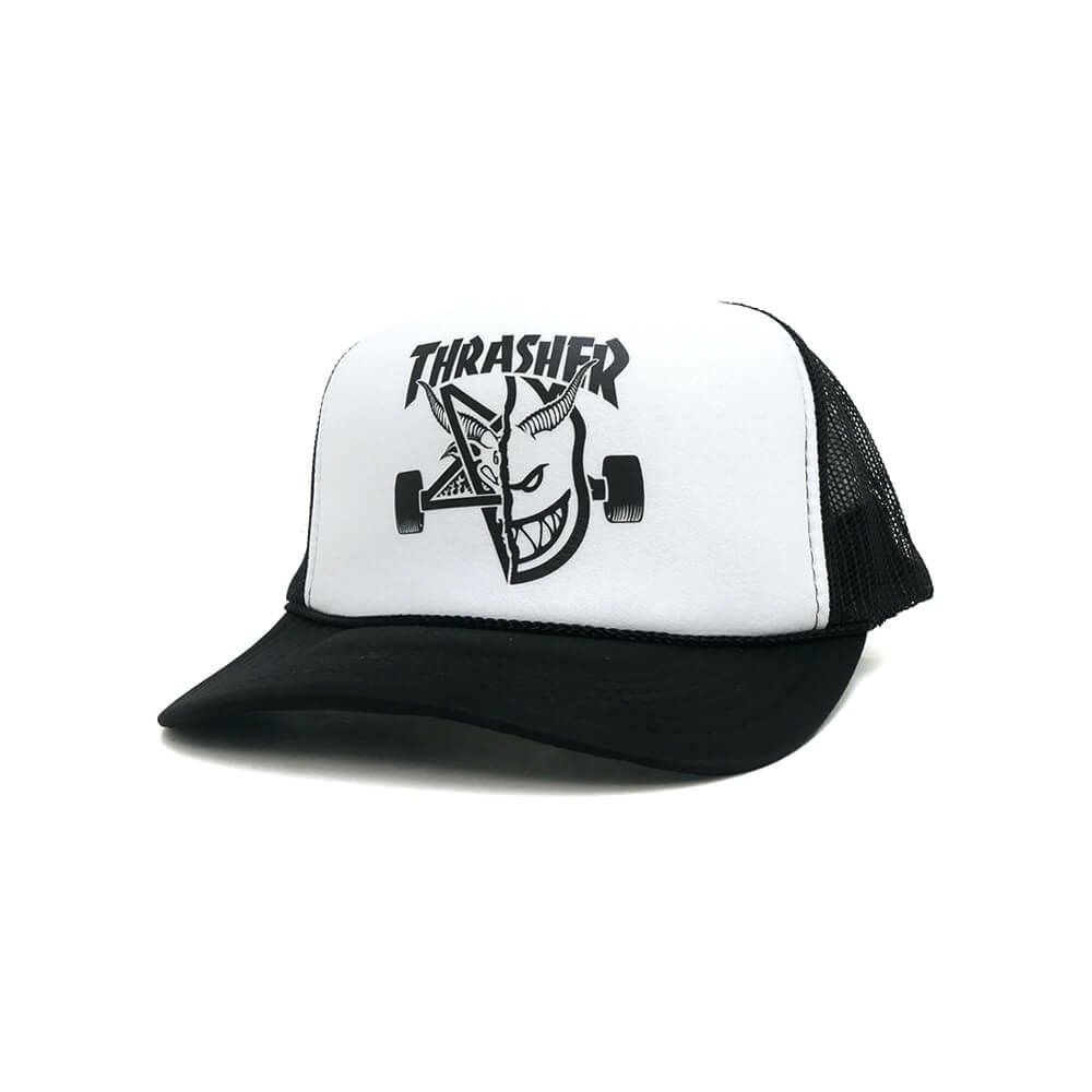 THRASHER MESHCAP スラッシャー メッシュキャップ THRASHER x SPITFIRE THRASH & BURN TRUCKER BLACK/WHITE（US企画） スケートボード スケボー 