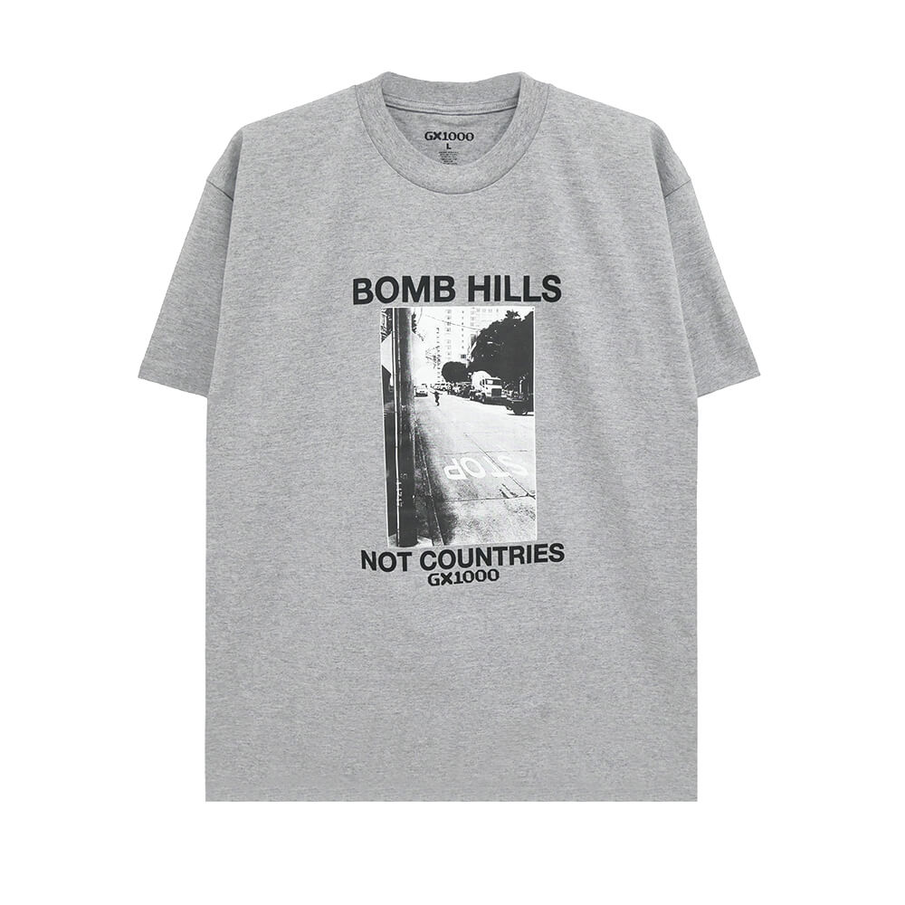 GX1000 T-SHIRT ジーエックス1000 Tシャツ BOMB HILLS NOT COUNTRIES GREY/BLACK スケートボード スケボー 