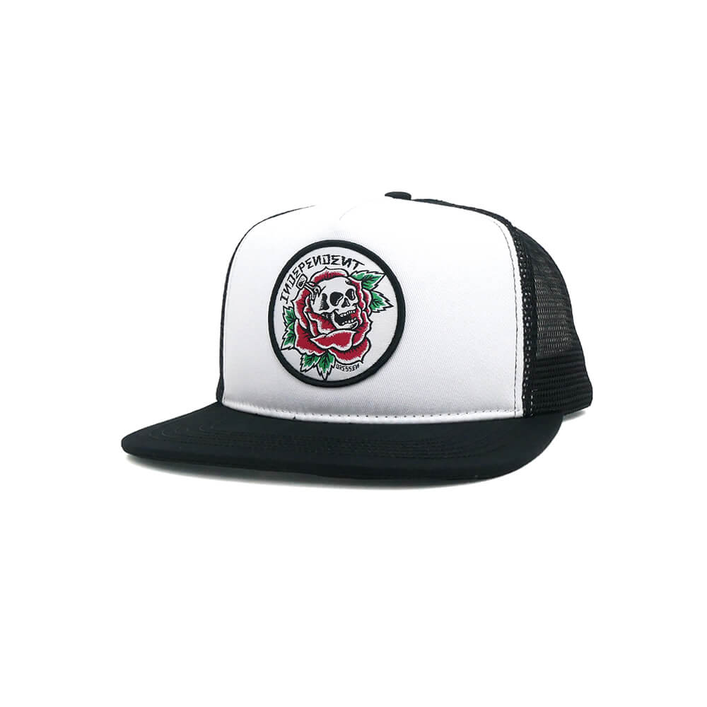  INDEPENDENT MESHCAP インディペンデント メッシュキャップ DRESSEN SKULL ROSE TRUCKER SNAPBACK WHITE/BLACK スケートボード スケボー 