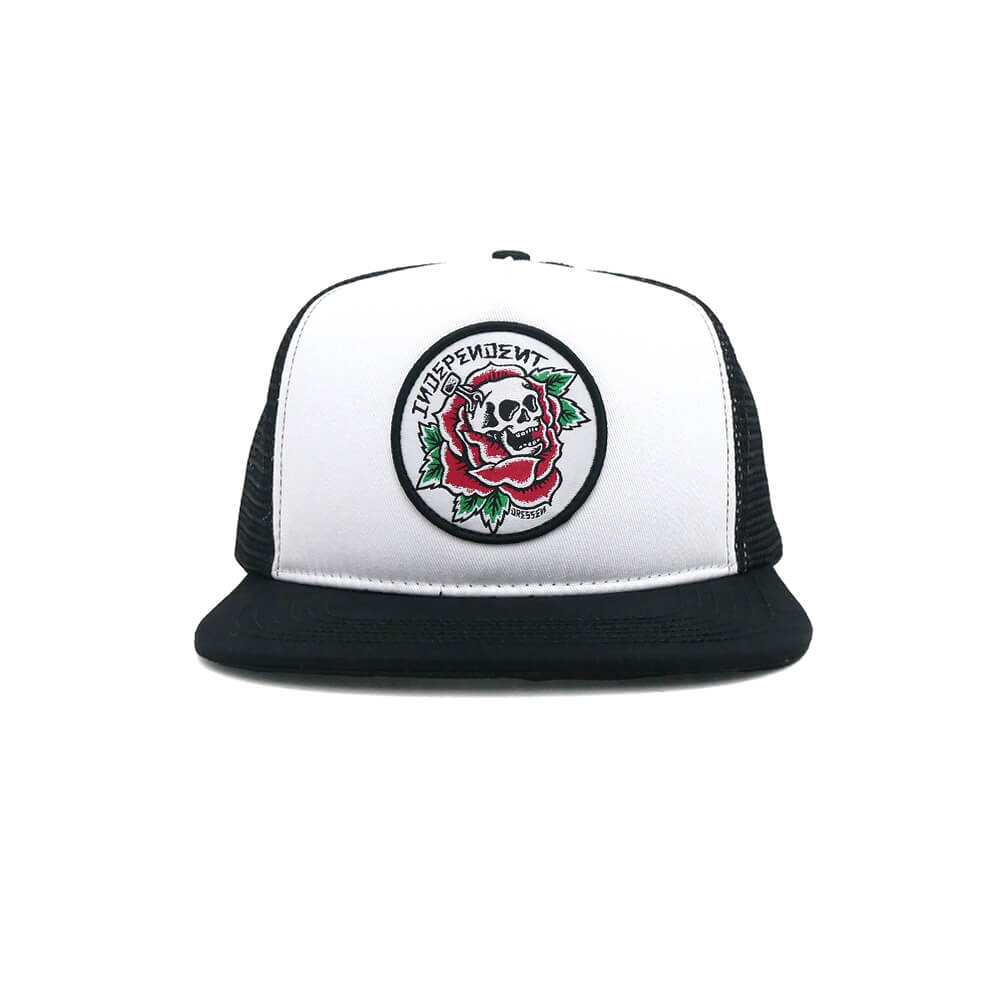  INDEPENDENT MESHCAP インディペンデント メッシュキャップ DRESSEN SKULL ROSE TRUCKER SNAPBACK WHITE/BLACK スケートボード スケボー 1