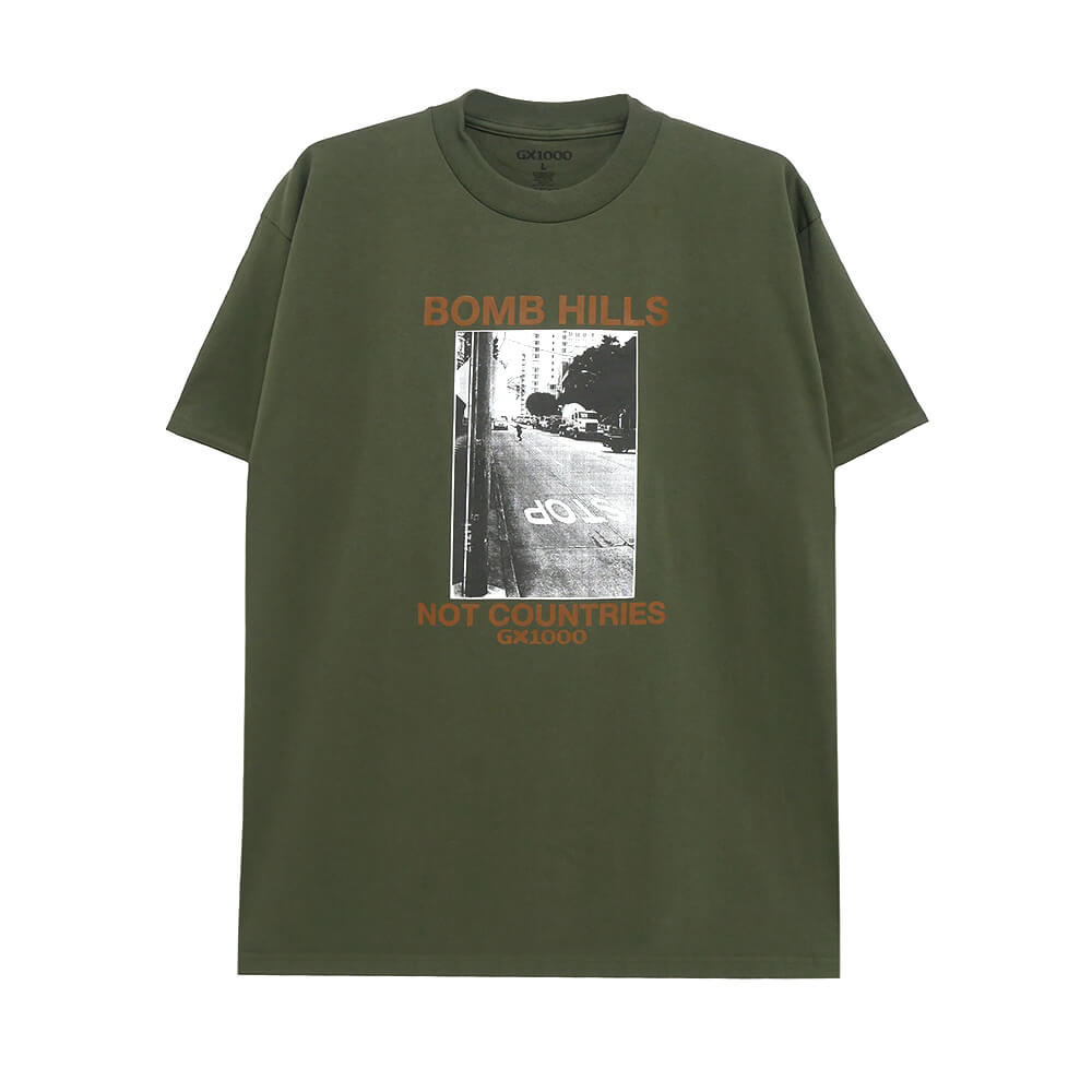 GX1000 T-SHIRT ジーエックス1000 Tシャツ BOMB HILLS NOT COUNTRIES DESERT GREEN/BROWN スケートボード スケボー 