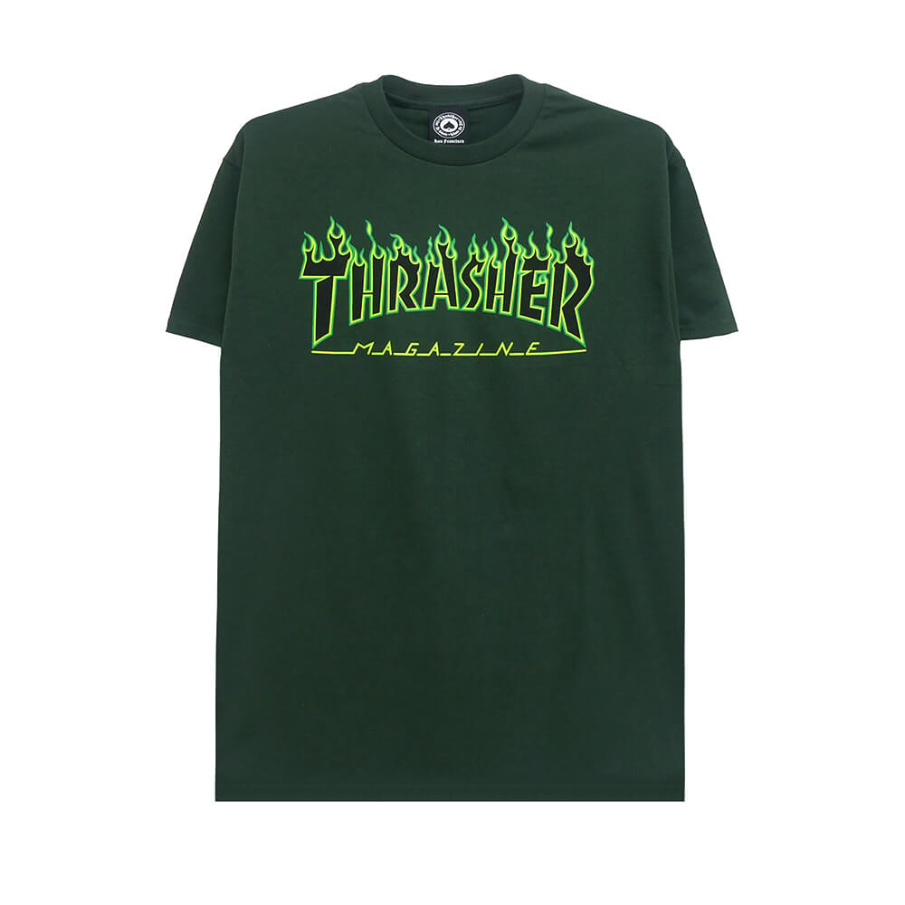 THRASHER T-SHIRT スラッシャー Tシャツ FLAME FOREST GREEN（US企画）スケートボードスケボー