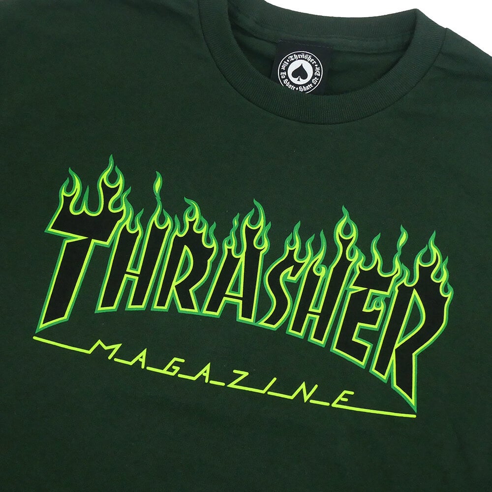 THRASHER T-SHIRT スラッシャー Tシャツ FLAME FOREST GREEN（US企画）スケートボードスケボー１